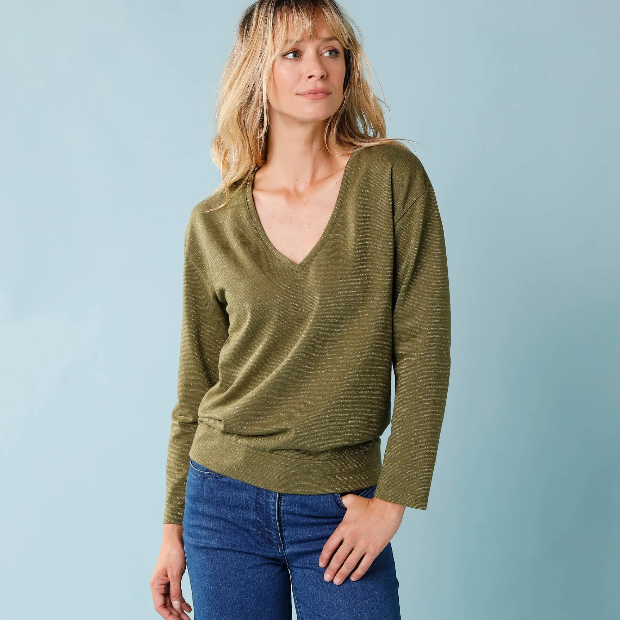 T-Shirt En Topje<Blancheporte T-shirt met V-hals en glansdraad, kleine lengtes groen