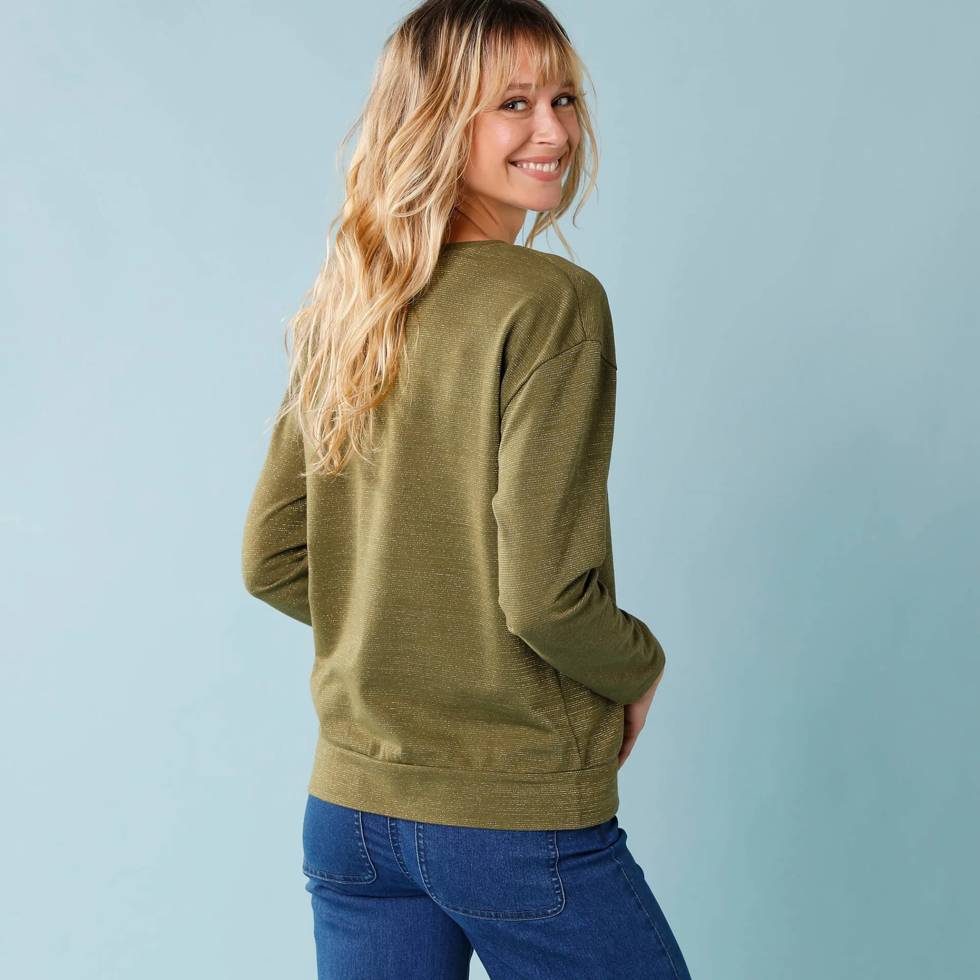 T-Shirt En Topje<Blancheporte T-shirt met V-hals en glansdraad, kleine lengtes groen