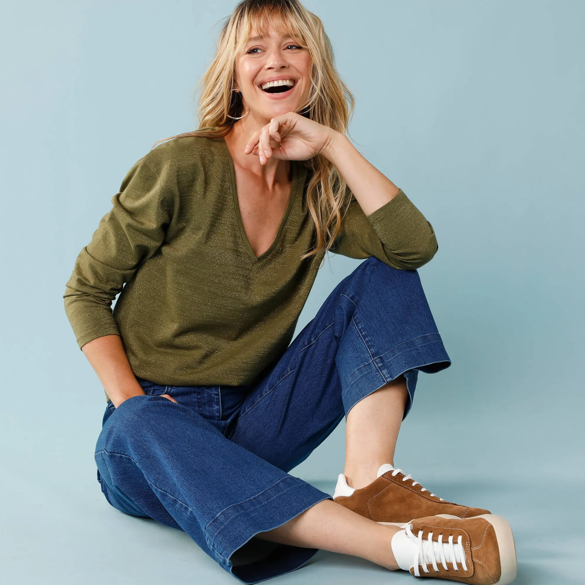 T-Shirt En Topje<Blancheporte T-shirt met V-hals en glansdraad, kleine lengtes groen
