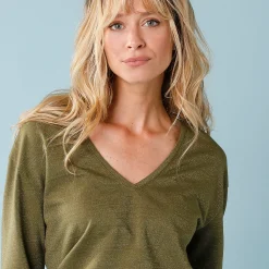 T-Shirt En Topje<Blancheporte T-shirt met V-hals en glansdraad, kleine lengtes groen