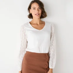 Feestoutfits Dames|T-Shirt En Topje<Blancheporte T-shirt met V-hals en kanten mouwen ecru