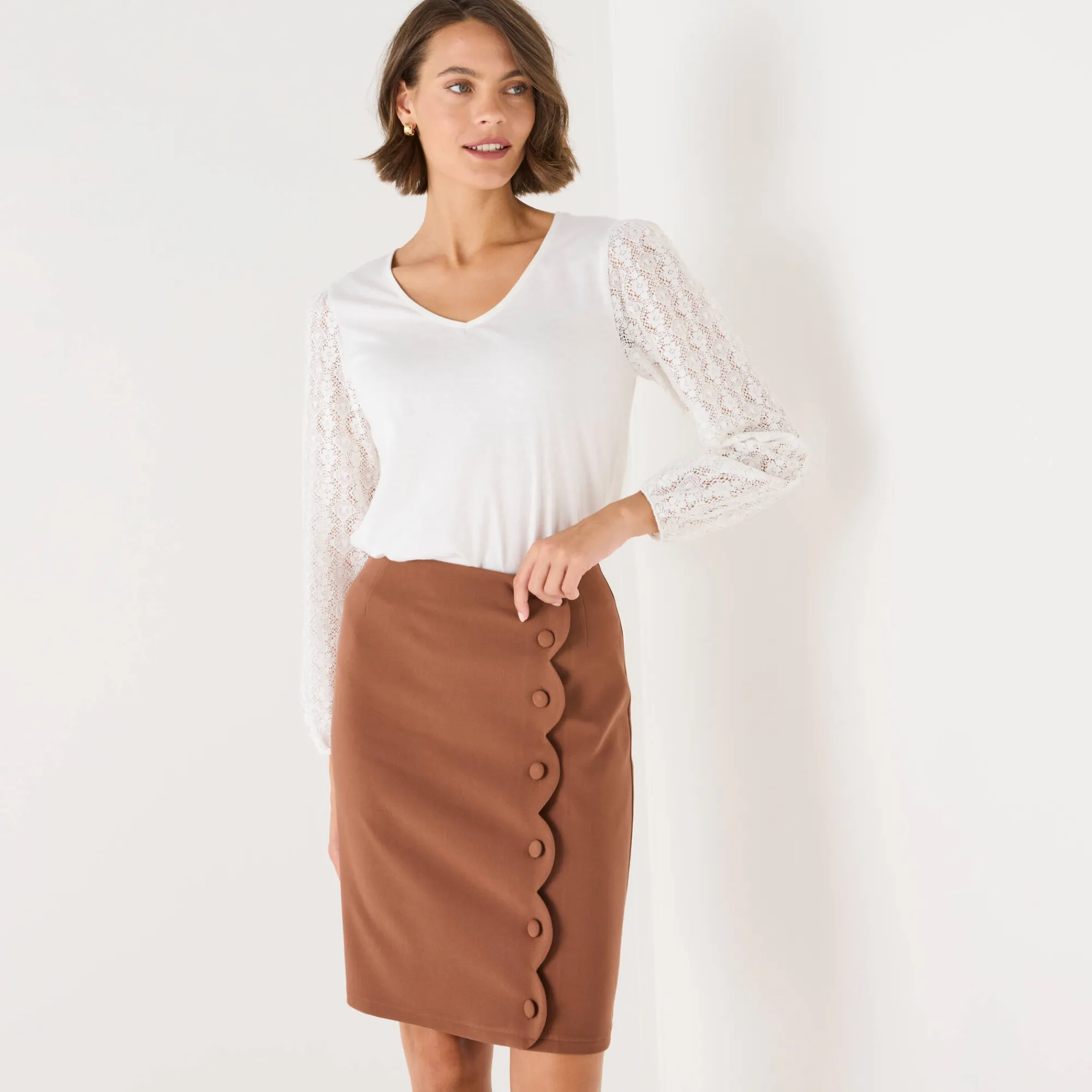 Feestoutfits Dames|T-Shirt En Topje<Blancheporte T-shirt met V-hals en kanten mouwen ecru