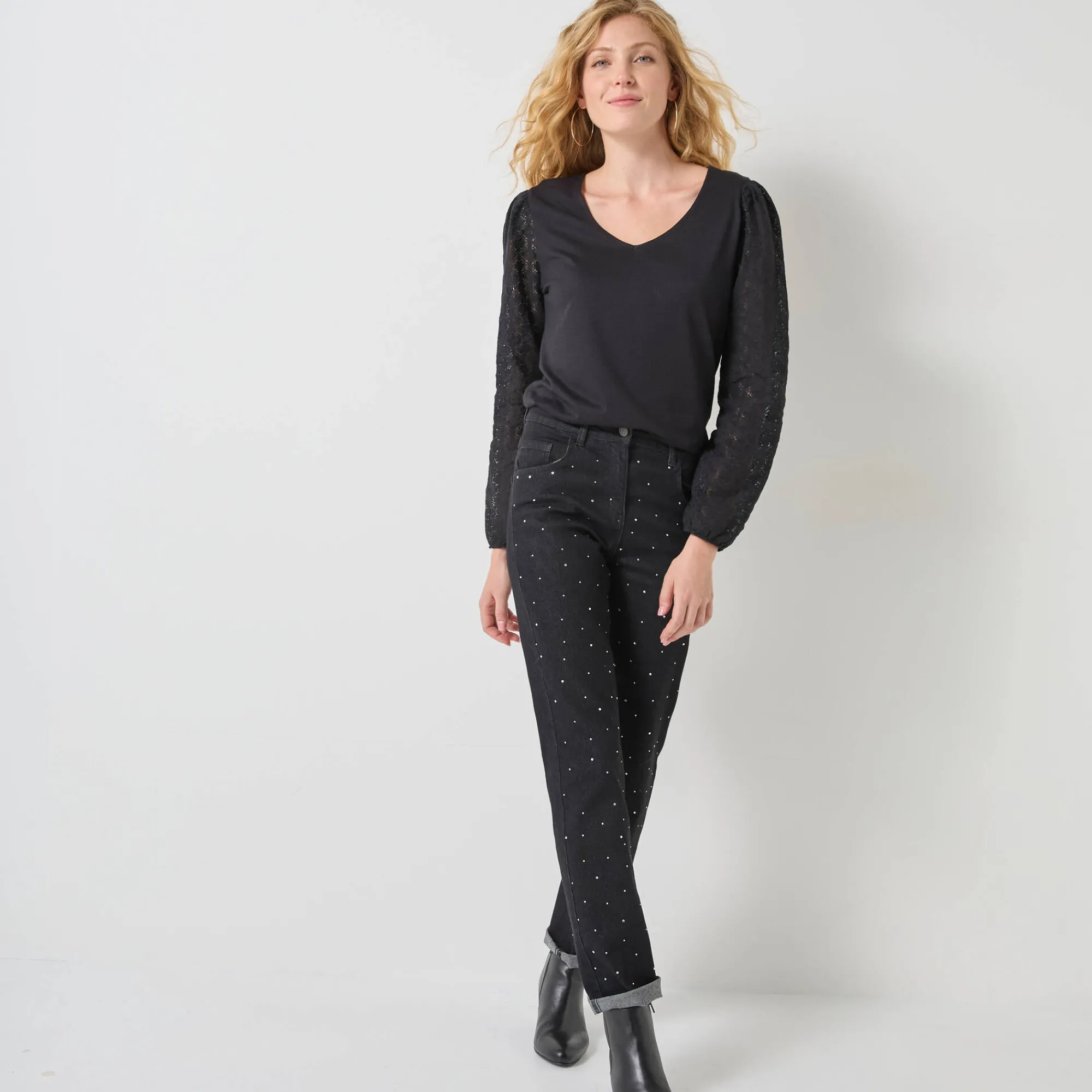 Feestoutfits Dames|T-Shirt En Topje<Blancheporte T-shirt met V-hals en kanten mouwen zwart