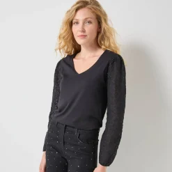 Feestoutfits Dames|T-Shirt En Topje<Blancheporte T-shirt met V-hals en kanten mouwen zwart