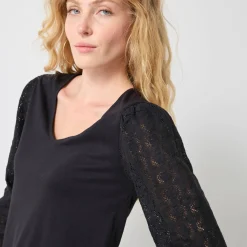 Feestoutfits Dames|T-Shirt En Topje<Blancheporte T-shirt met V-hals en kanten mouwen zwart