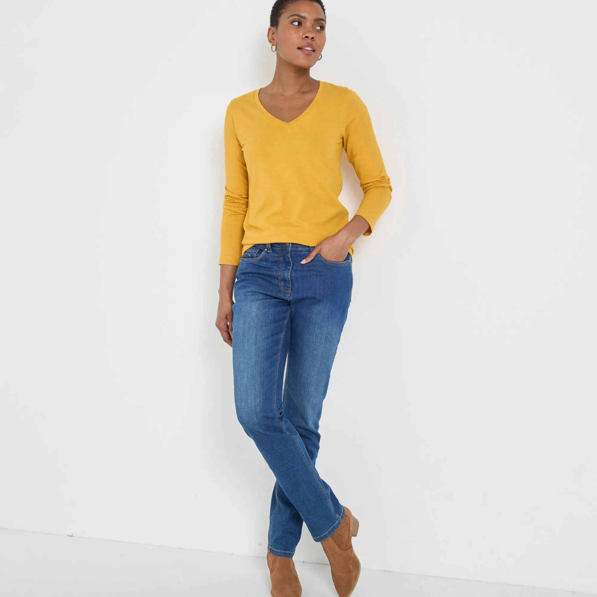 T-Shirt En Topje<Blancheporte T-shirt met V-hals en lange mouwen kerrie