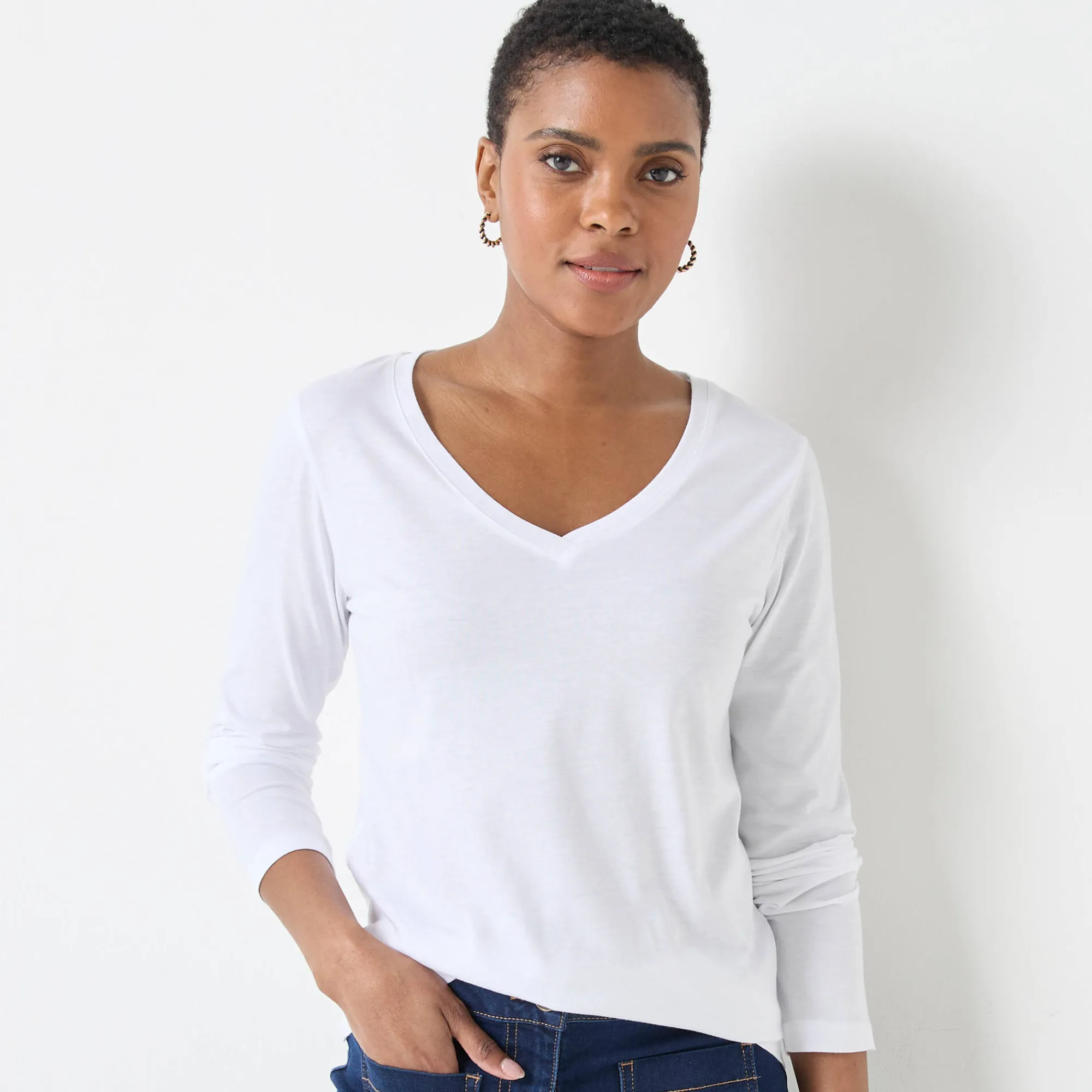 T-Shirt En Topje<Blancheporte T-shirt met V-hals en lange mouwen wit