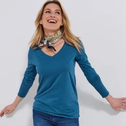 T-Shirt En Topje<Blancheporte T-shirt met V-hals en lange mouwen Pruisisch blauw