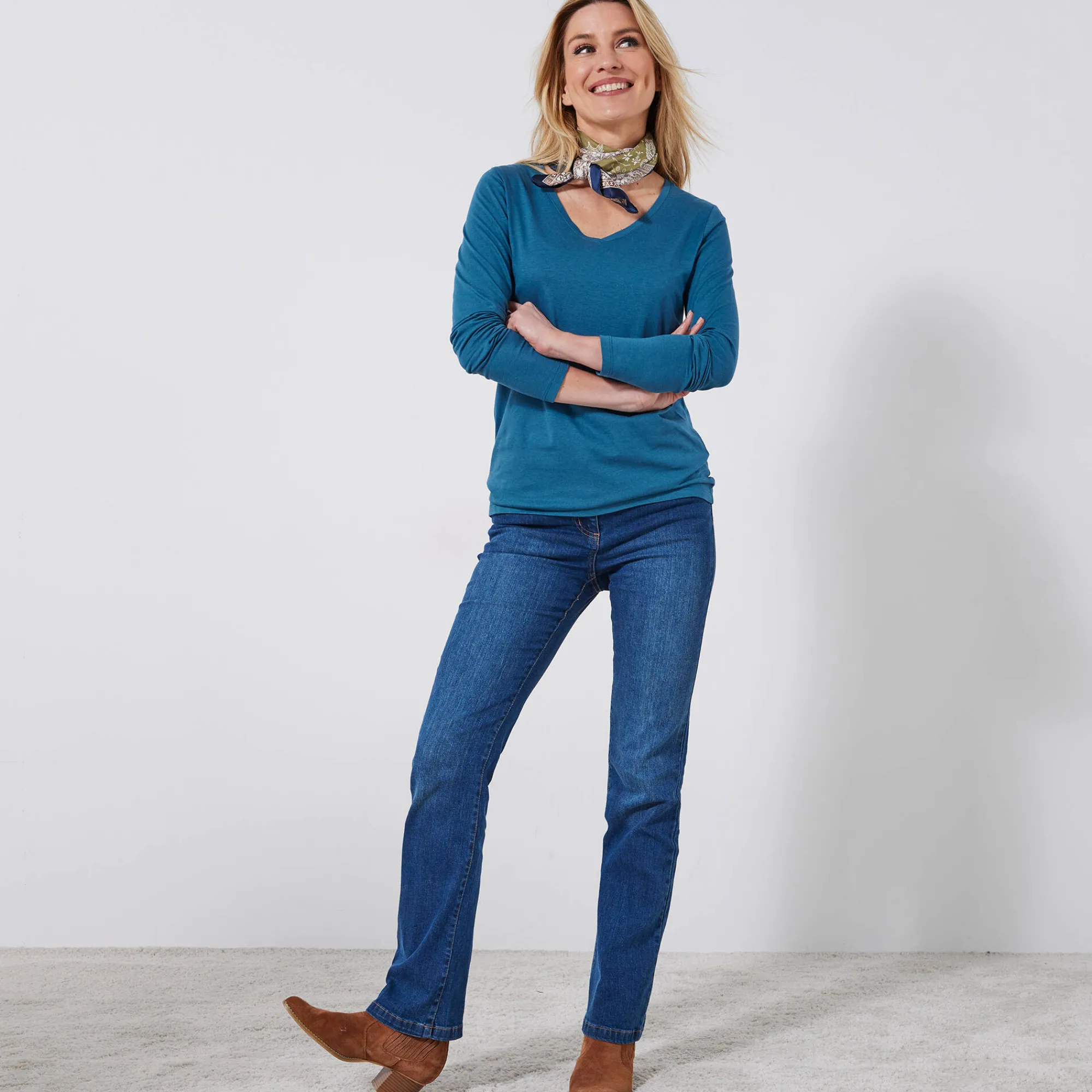 T-Shirt En Topje<Blancheporte T-shirt met V-hals en lange mouwen Pruisisch blauw