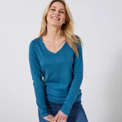 T-Shirt En Topje<Blancheporte T-shirt met V-hals en lange mouwen Pruisisch blauw