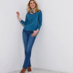 T-Shirt En Topje<Blancheporte T-shirt met V-hals en lange mouwen Pruisisch blauw