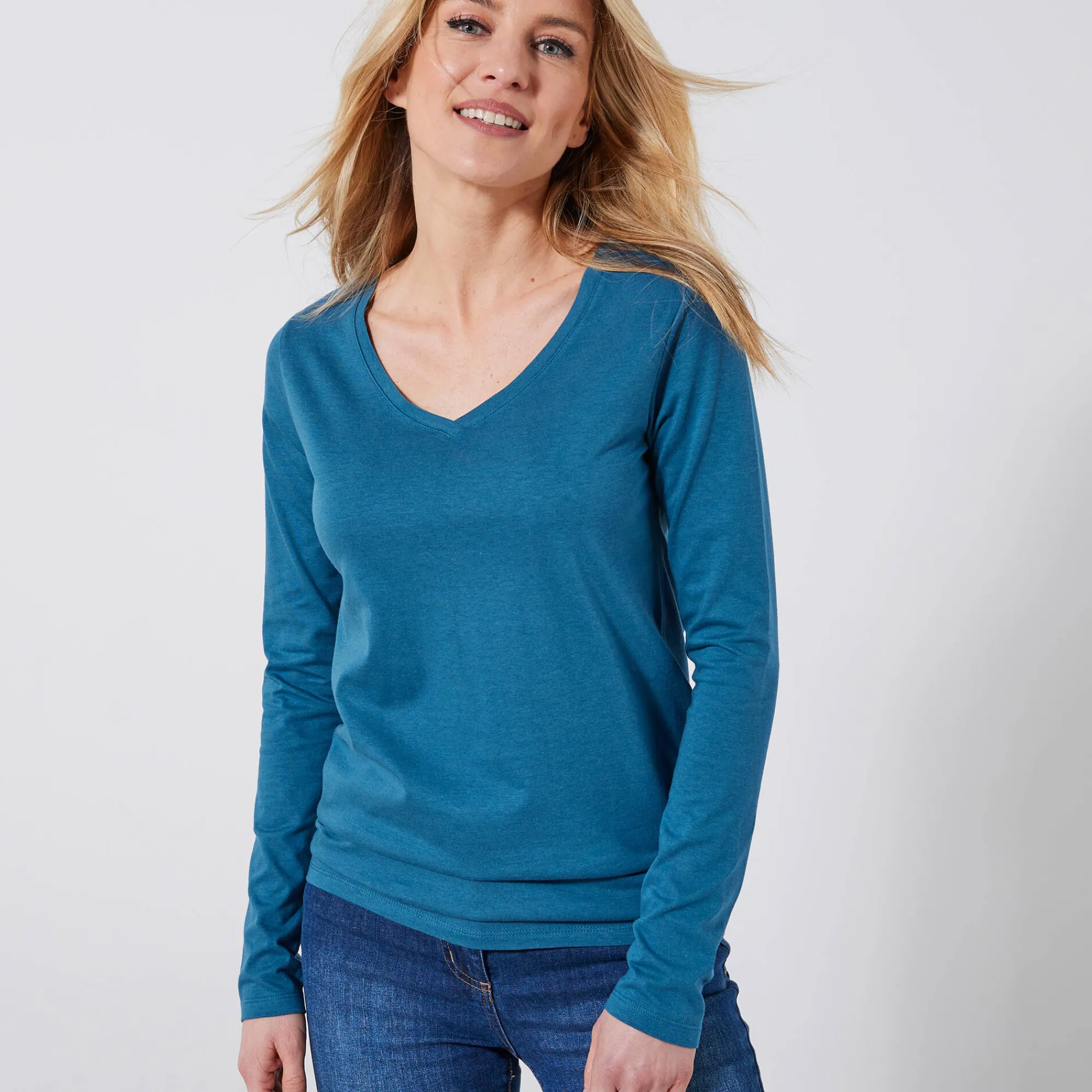 T-Shirt En Topje<Blancheporte T-shirt met V-hals en lange mouwen Pruisisch blauw