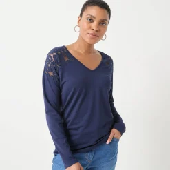 T-Shirt En Topje<Blancheporte T-shirt met V-hals en lange mouwen in kant marine