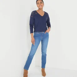 T-Shirt En Topje<Blancheporte T-shirt met V-hals en lange mouwen in kant marine