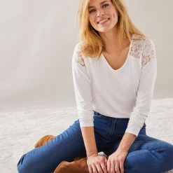 T-Shirt En Topje<Blancheporte T-shirt met V-hals en lange mouwen, kant wit
