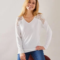 T-Shirt En Topje<Blancheporte T-shirt met V-hals en lange mouwen, kant wit