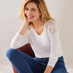 T-Shirt En Topje<Blancheporte T-shirt met V-hals en lange mouwen, kant wit