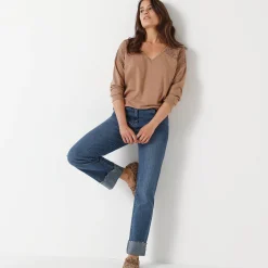 T-Shirt En Topje<Blancheporte T-shirt met V-hals en lange mouwen in kant chiné hazelnootbruin