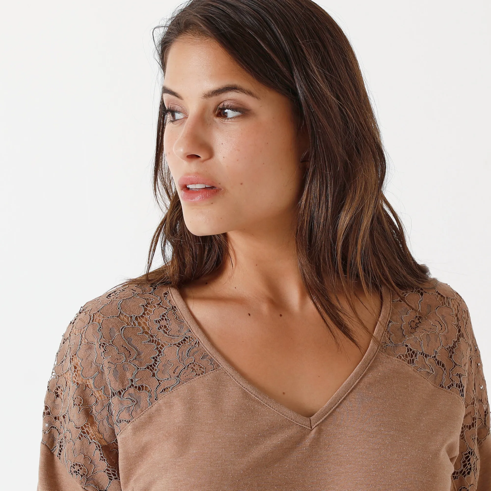 T-Shirt En Topje<Blancheporte T-shirt met V-hals en lange mouwen in kant chiné hazelnootbruin
