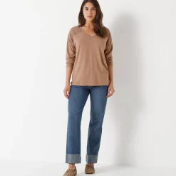 T-Shirt En Topje<Blancheporte T-shirt met V-hals en lange mouwen in kant chiné hazelnootbruin