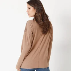 T-Shirt En Topje<Blancheporte T-shirt met V-hals en lange mouwen in kant chiné hazelnootbruin