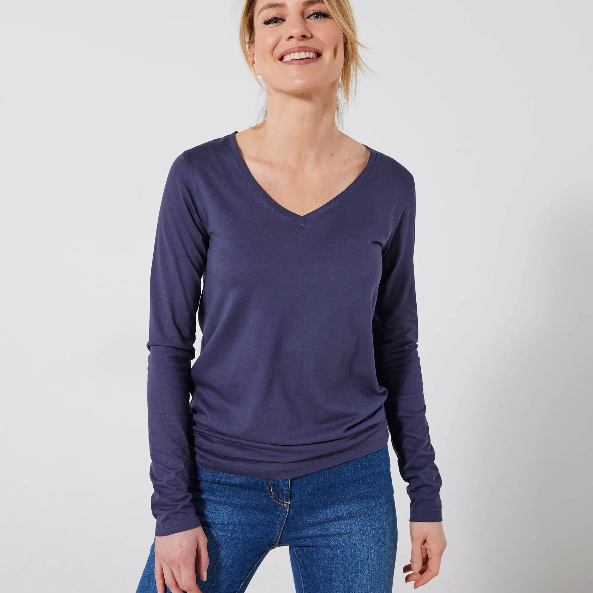 T-Shirt En Topje<Blancheporte T-shirt met V-hals en lange mouwen marine