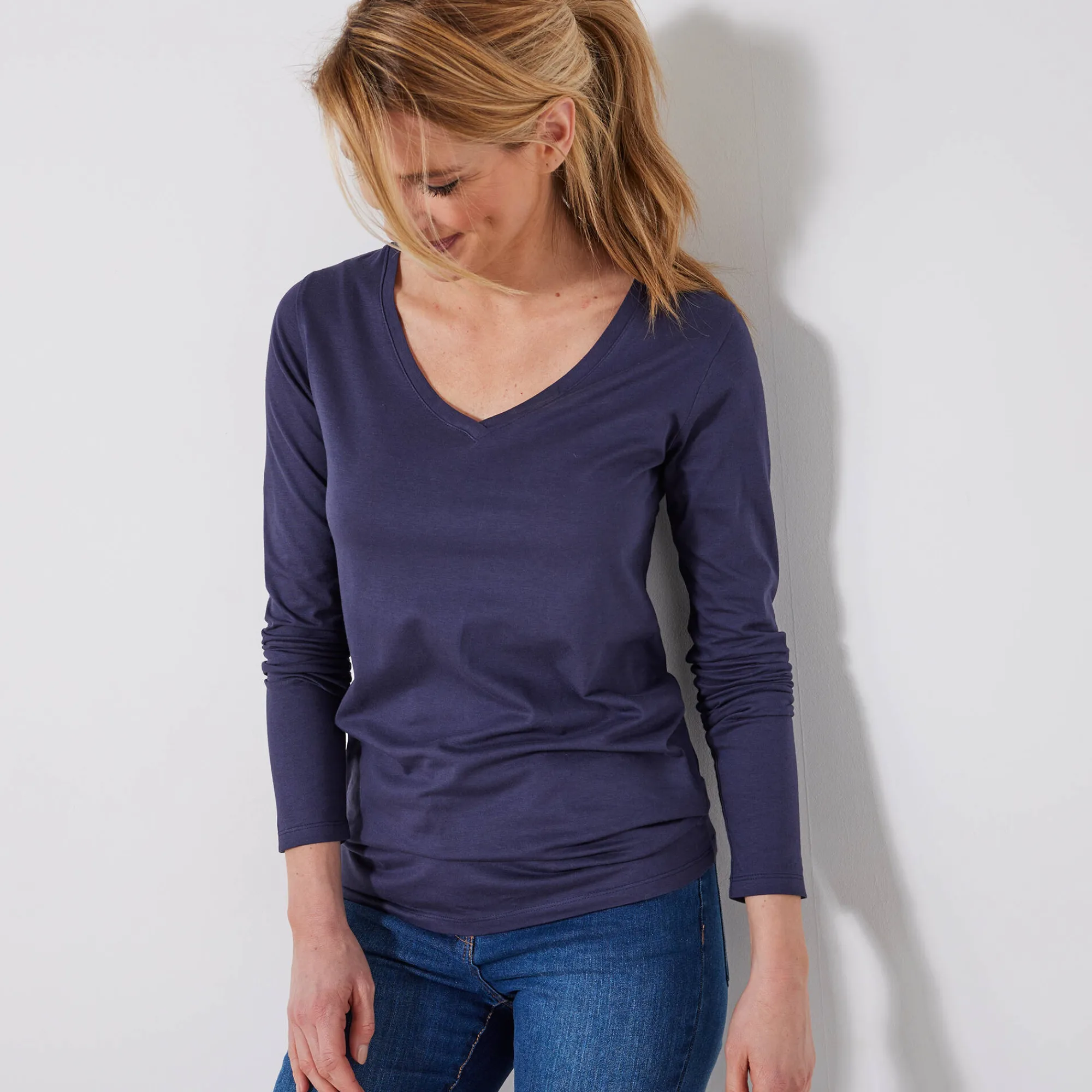 T-Shirt En Topje<Blancheporte T-shirt met V-hals en lange mouwen marine