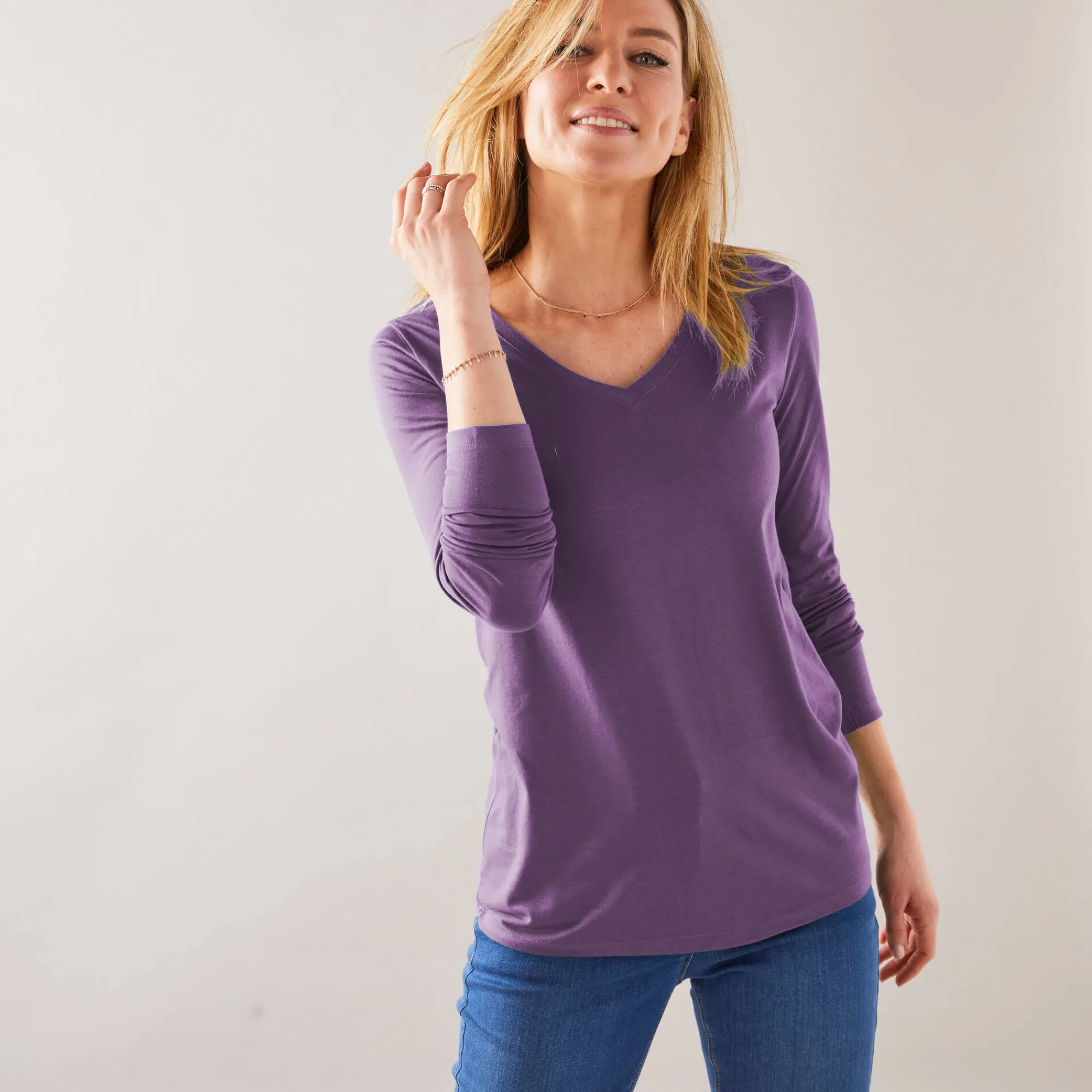 T-Shirt En Topje<Blancheporte T-shirt met V-hals en lange mouwen paars