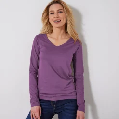 T-Shirt En Topje<Blancheporte T-shirt met V-hals en lange mouwen paars