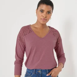 T-Shirt En Topje<Blancheporte T-shirt met V-hals en lange mouwen in kant chiné rozenhout