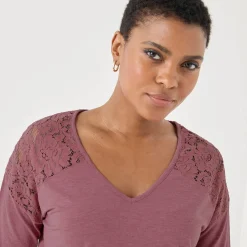 T-Shirt En Topje<Blancheporte T-shirt met V-hals en lange mouwen in kant chiné rozenhout
