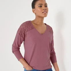 T-Shirt En Topje<Blancheporte T-shirt met V-hals en lange mouwen in kant chiné rozenhout