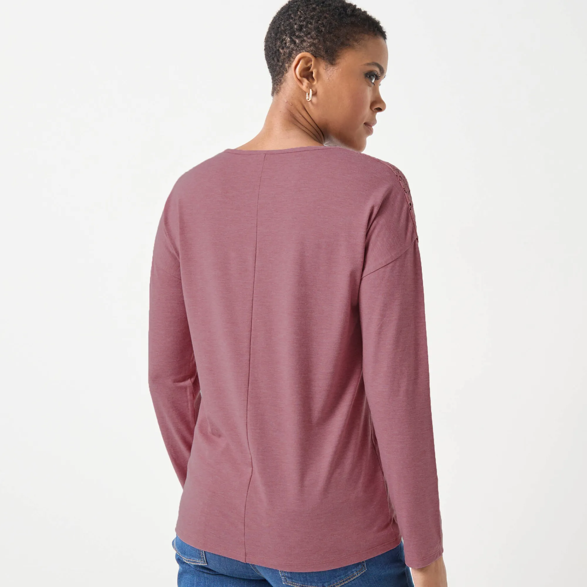 T-Shirt En Topje<Blancheporte T-shirt met V-hals en lange mouwen in kant chiné rozenhout