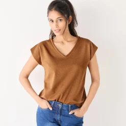 T-Shirt En Topje<Blancheporte T-shirt met V-hals, glanzend fantasietricot hazelnootbruin