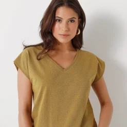 T-Shirt En Topje<Blancheporte T-shirt met V-hals, glanzend fantasietricot bronskleur