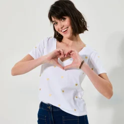 T-Shirt En Topje<Blancheporte T-shirt met V-hals, goudkleurige hartjesprint wit