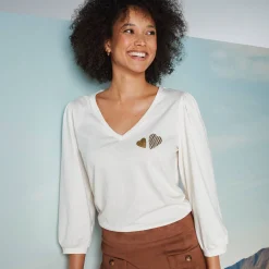 T-Shirt En Topje<Blancheporte T-shirt met V-hals, hartjesprint ecru