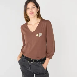 T-Shirt En Topje<Blancheporte T-shirt met V-hals, hartjesprint chocolade