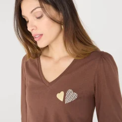 T-Shirt En Topje<Blancheporte T-shirt met V-hals, hartjesprint chocolade
