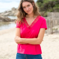 T-Shirt En Topje<Blancheporte T-shirt met V-hals in kant framboos