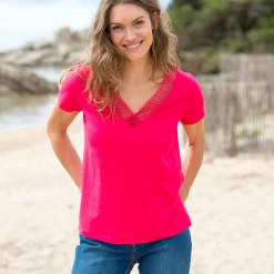 T-Shirt En Topje<Blancheporte T-shirt met V-hals in kant framboos