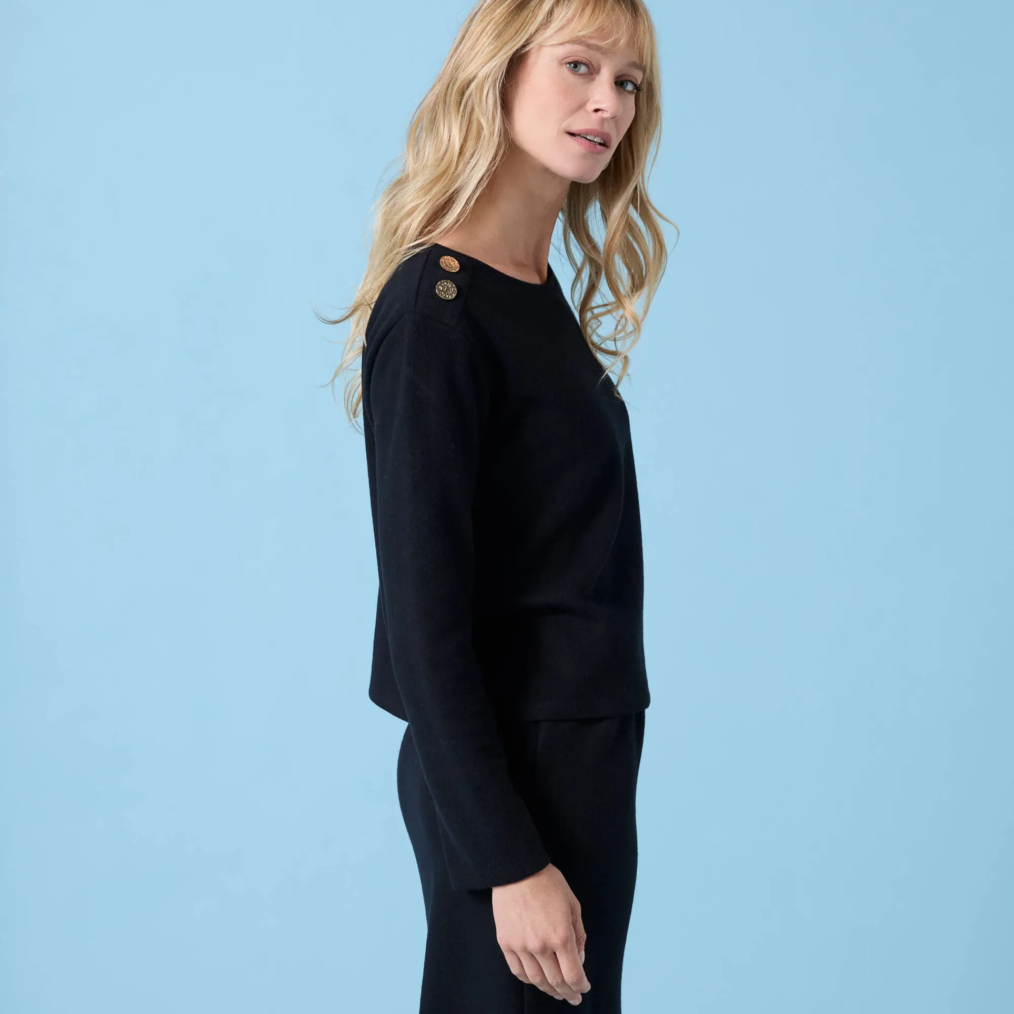 T-Shirt En Topje<Blancheporte T-shirt speciaal voor kleine lengtes effen, knoopdetails op de schouder, geribbelde stof zwart