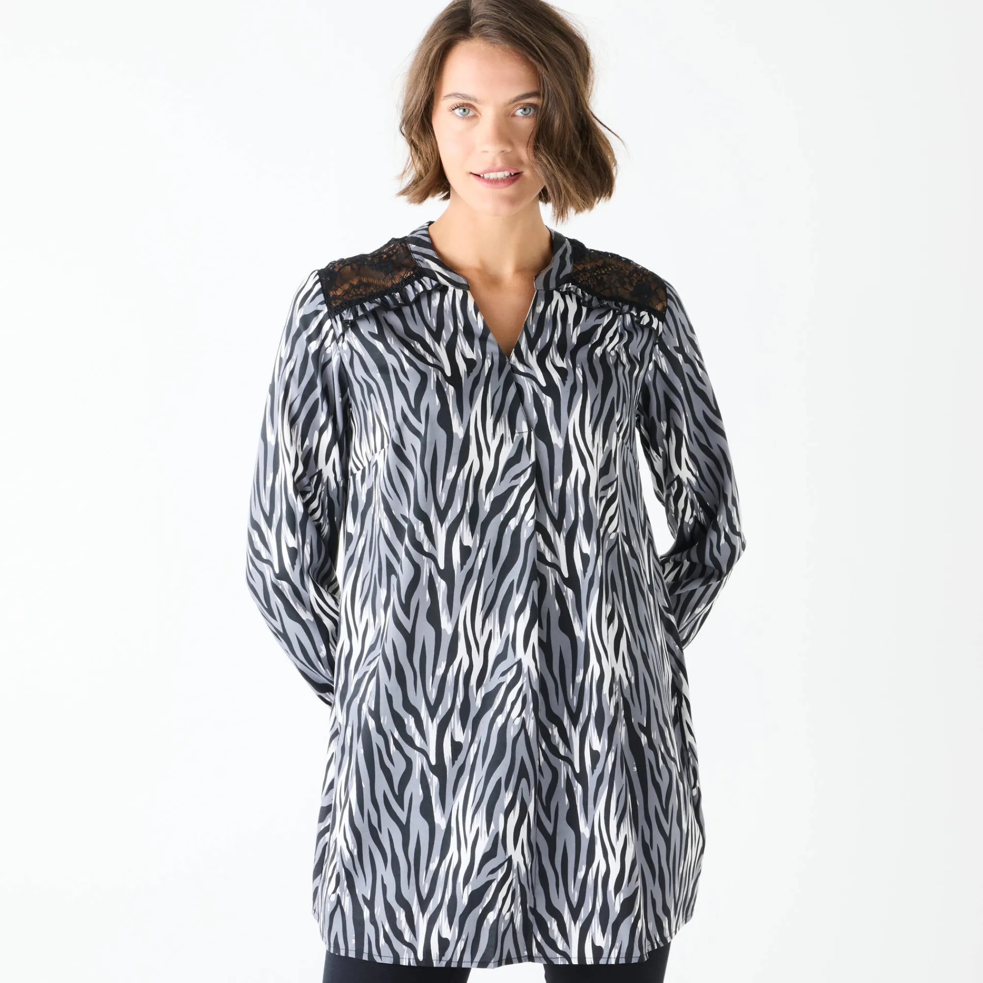 Bloes En Tuniek<Blancheporte Tuniek met kant en lange mouwen, zebraprint zwart / grijs
