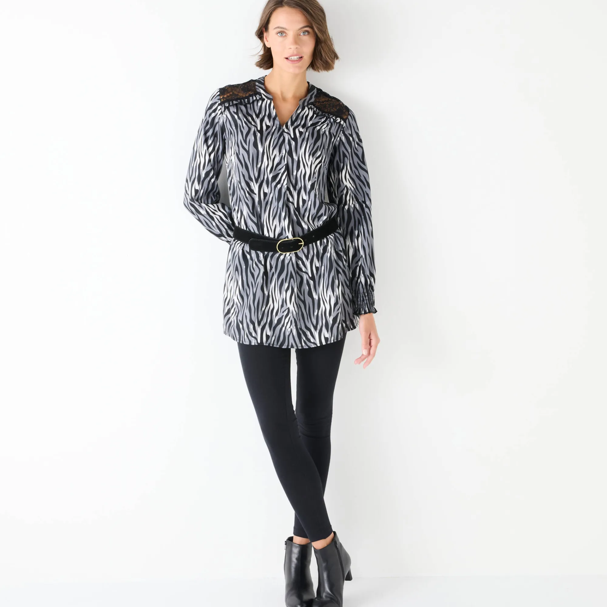 Bloes En Tuniek<Blancheporte Tuniek met kant en lange mouwen, zebraprint zwart / grijs