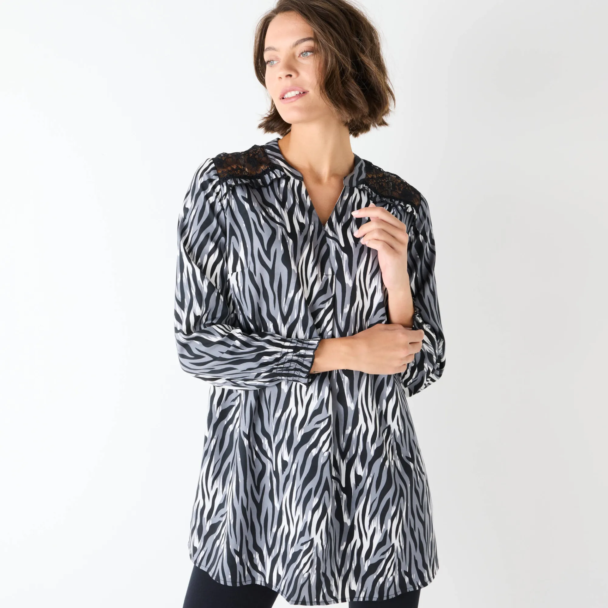 Bloes En Tuniek<Blancheporte Tuniek met kant en lange mouwen, zebraprint zwart / grijs