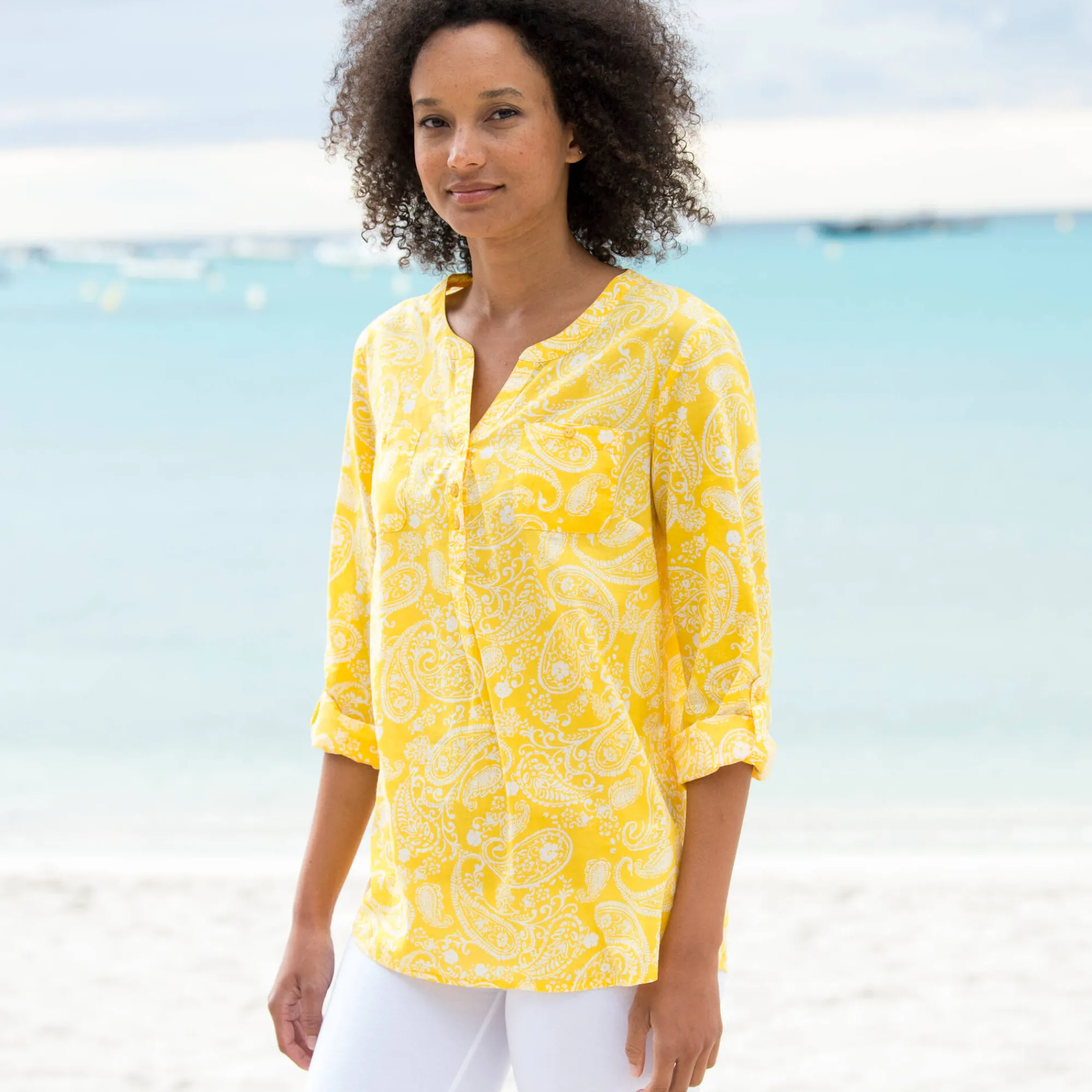 Bloes En Tuniek<Blancheporte Tuniek met kasjmierprint en oprolbare mouwen geel / wit