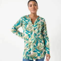 T-Shirt En Topje|Bloes En Tuniek<Blancheporte Tuniek met knoopkraag en bloemenprint kaki / beige