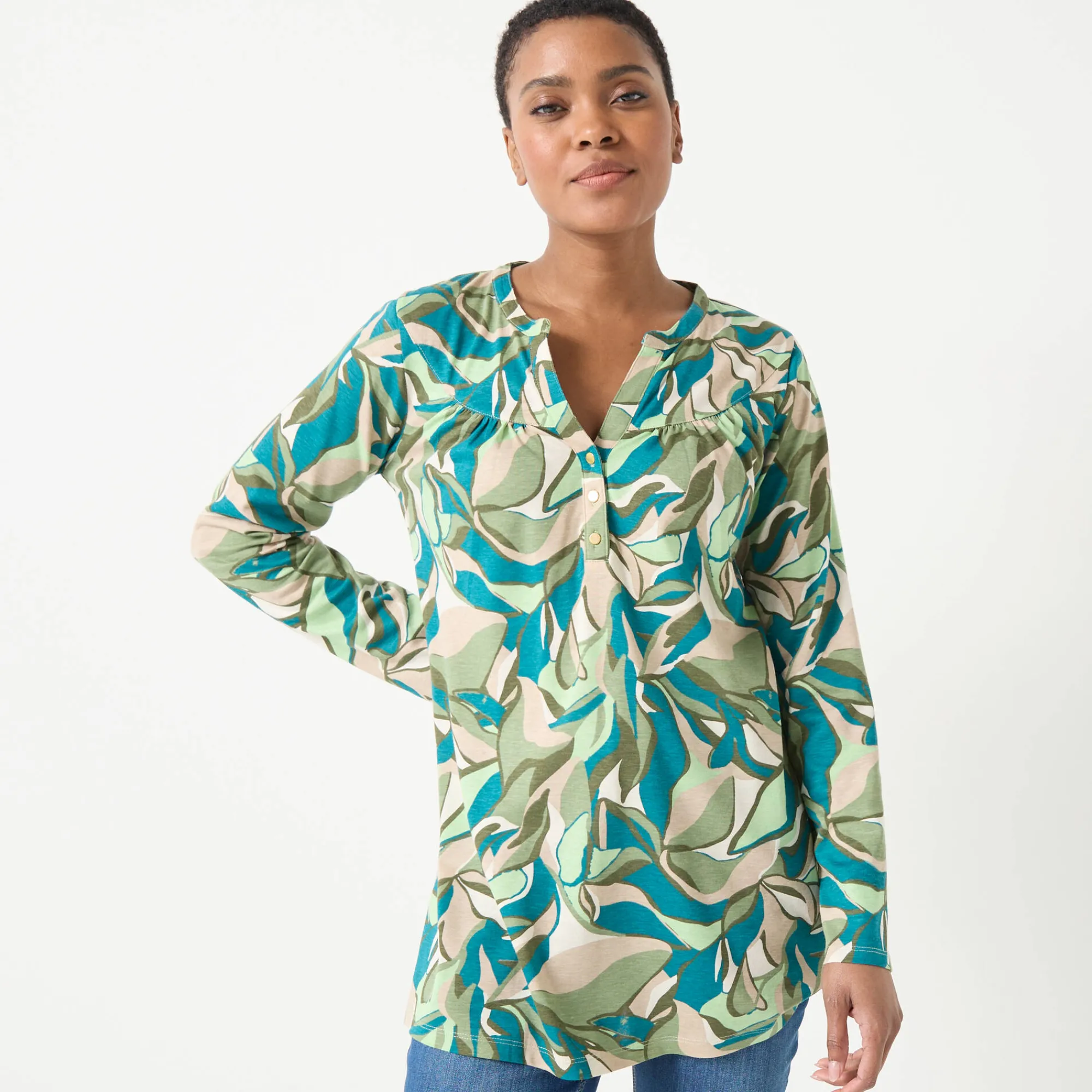 T-Shirt En Topje|Bloes En Tuniek<Blancheporte Tuniek met knoopkraag en bloemenprint kaki / beige