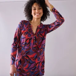 T-Shirt En Topje|Bloes En Tuniek<Blancheporte Tuniek met knoopkraag en bloemenprint rood / paars