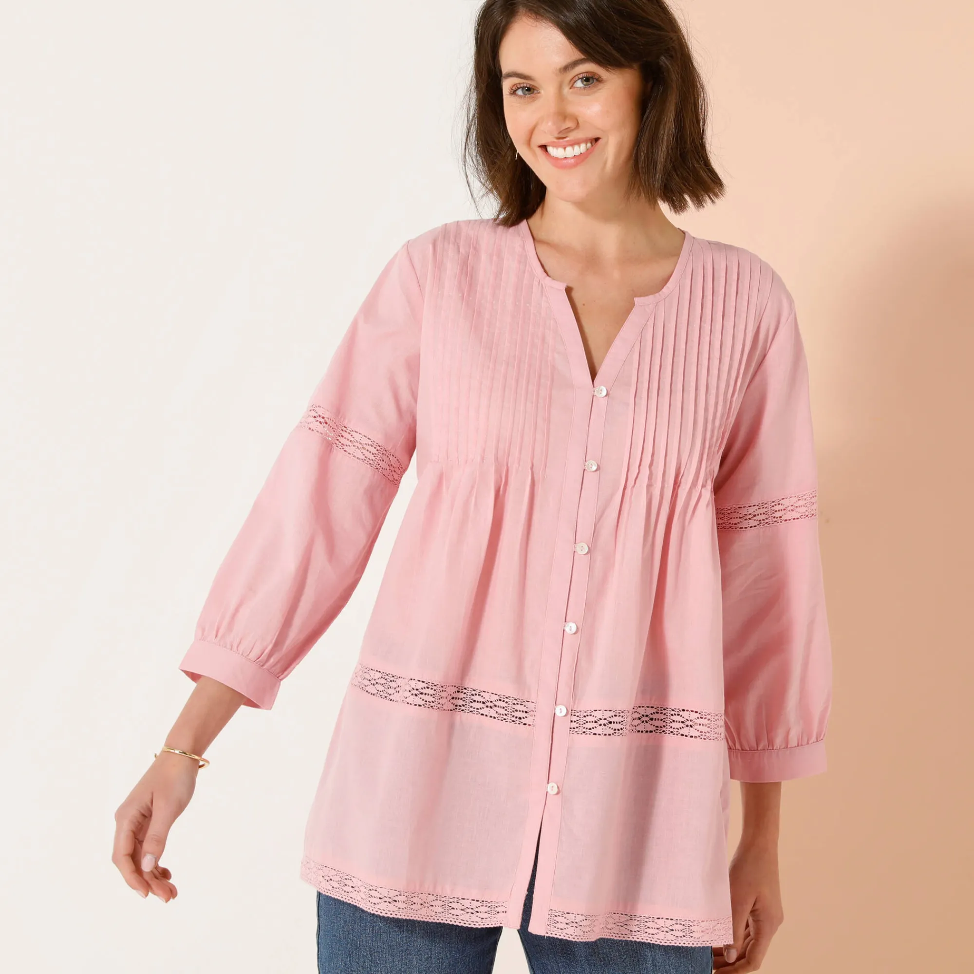 Bloes En Tuniek<Blancheporte Tuniek met knoopsluiting en plooitjes, macramé grijsroze